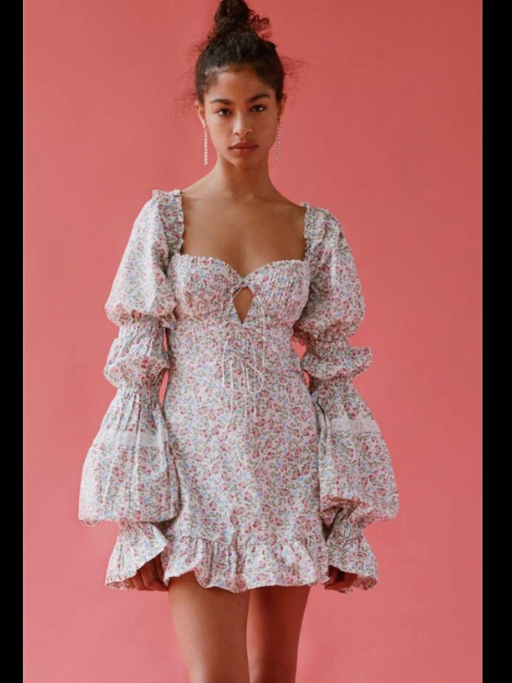 NWT For Love and Lemons Floral butterfly print Puff-Sleeve Mini Dress with bow